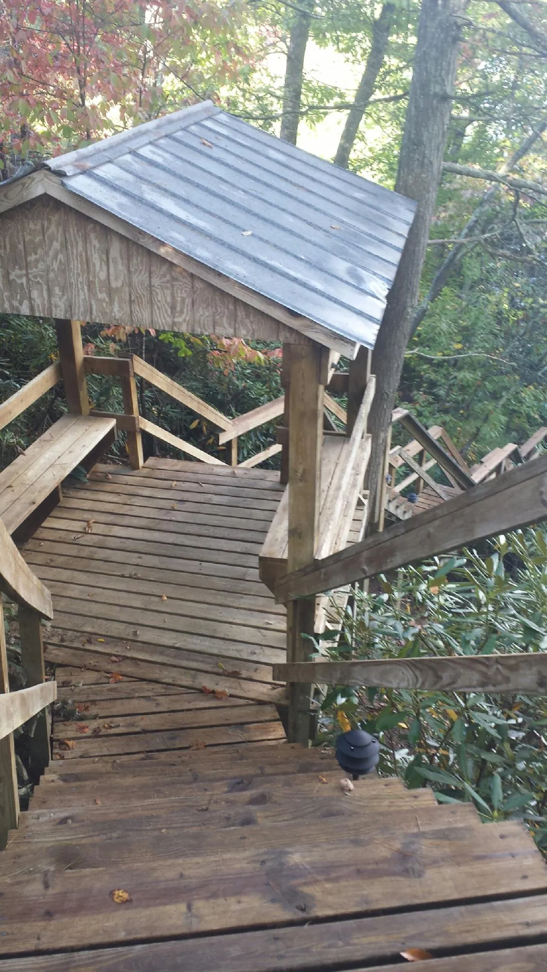 Metal roofed shelter over wooden steps on a wooded walkway — Skylight Repair & Installation work by our crew in Council